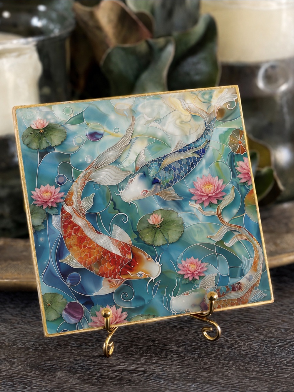Hand Crafted Koi Pond Decorative Ceramic Coaster Blue 4”